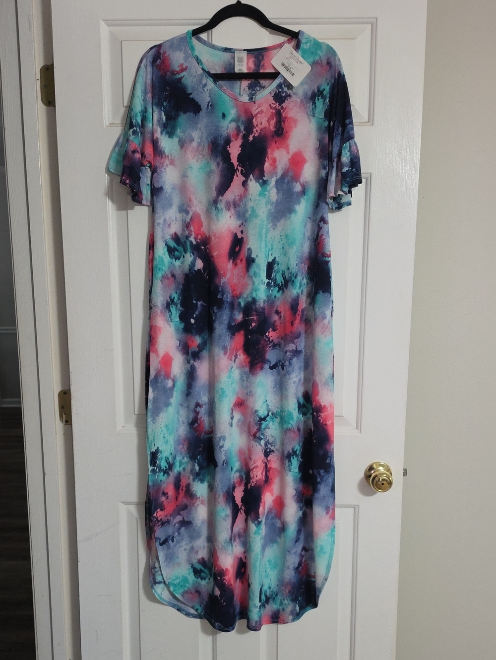 V-Neck Tie-Dye Maxi Dress with Ruffle Sleeves - Multicolor